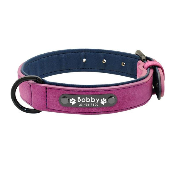 Collier pour Chien Personnalisé en cuir rose fuchsia avec plaque gravée