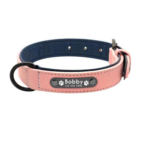 Collier pour Chien Personnalisé en cuir rose pâle avec plaque gravée