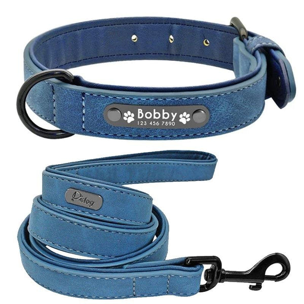 Collier pour Chien Personnalisé bleu avec laisse assortie