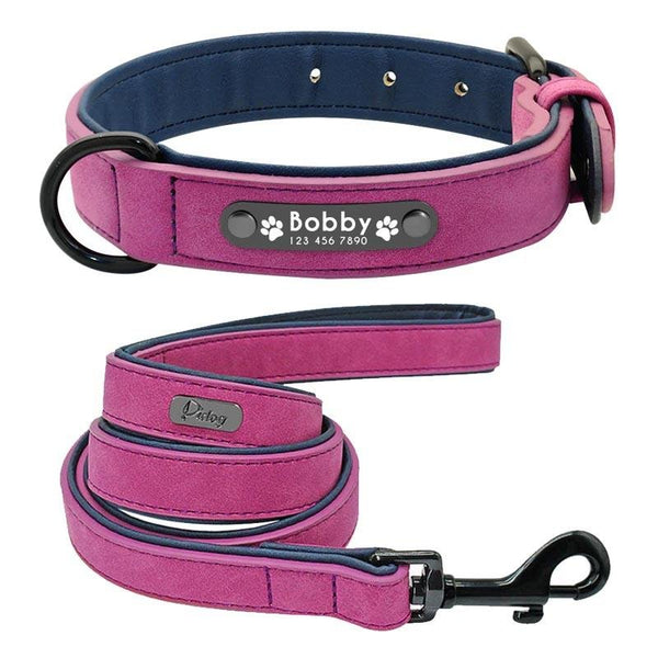 Collier pour Chien Personnalisé rose fuchsia avec laisse assortie