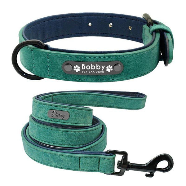 Collier pour Chien Personnalisé vert avec laisse assortie