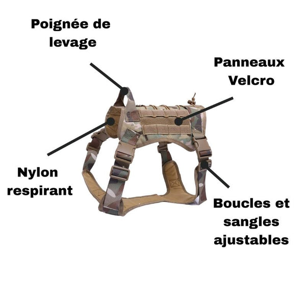 Schéma du Harnais Tactique Anti-Traction avec nylon respirant et boucles réglables.