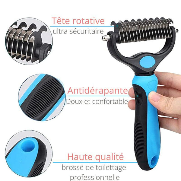 Brosse de démêlage pour Chien avec tête rotative sécuritaire et manche antidérapant bleu