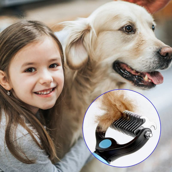 Brosse de démêlage pour Chien avec enfant souriante et chien doré en arrière-plan