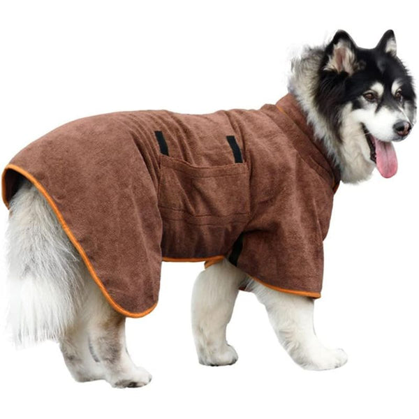 Peignoir pour chien en microfibre marron - Grand chien type Husky.