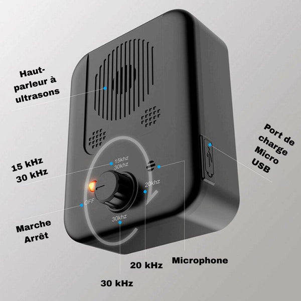 Détail technique du dispositif anti-aboiement avec fréquence réglable et port USB