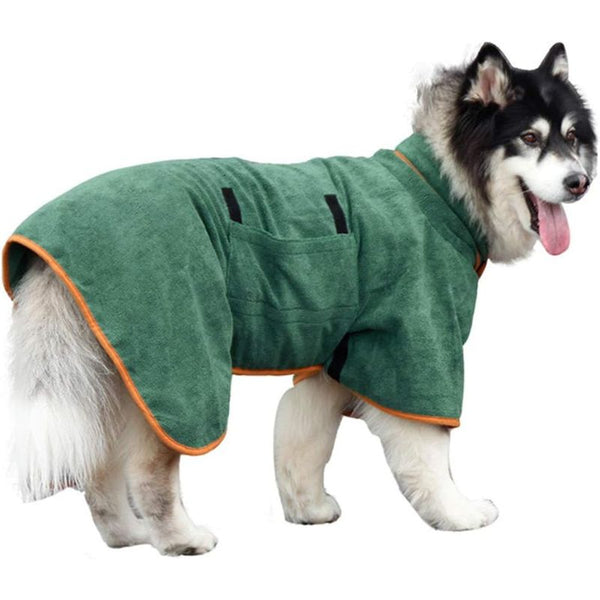 Peignoir pour chien en microfibre vert - Grand chien type Husky.