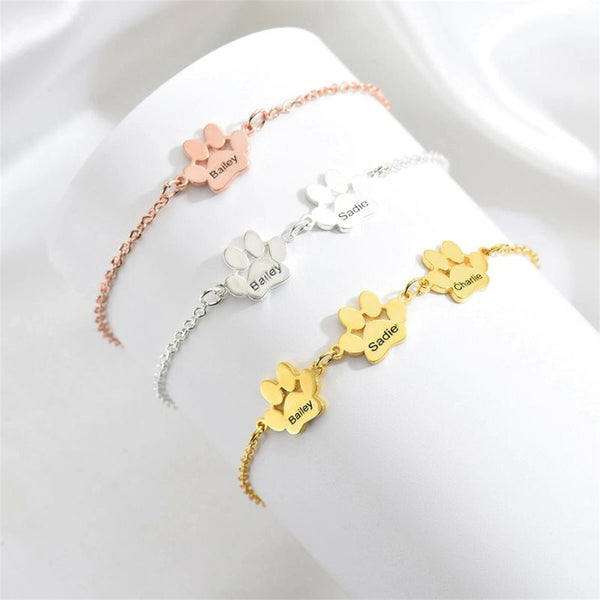 Bracelets Pattes de Chien Personnalisés en trois coloris avec prénoms Bailey, Sadie, Charlie