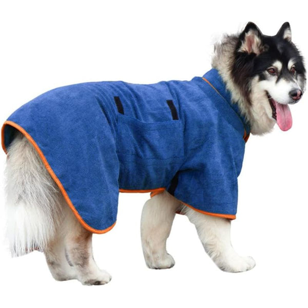 Peignoir pour chien en microfibre bleu - Grand chien type Husky.
