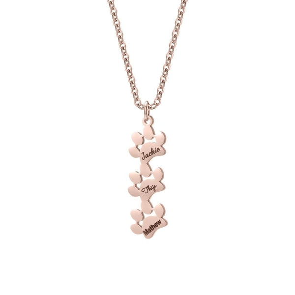 Collier Patte de Chien Personnalisé rose gold avec trois prénoms gravés