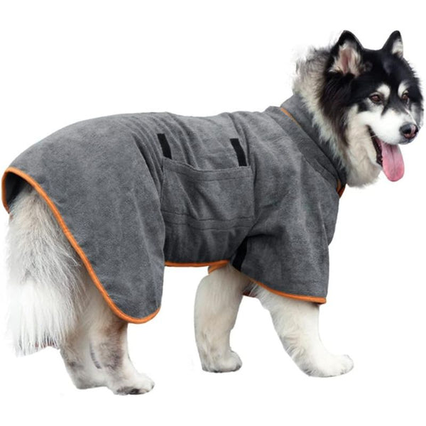 Peignoir pour chien en microfibre gris - Grand chien type Husky.