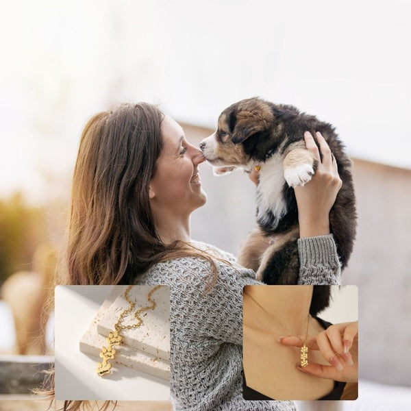 Femme câlinant un chiot avec aperçu du Collier Patte de Chien Personnalisé en surimpression