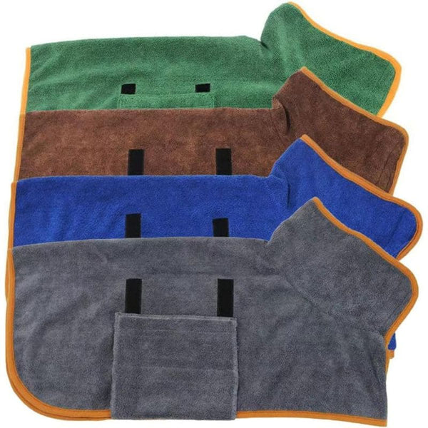 Peignoir pour chien - Quatre couleurs disponibles, vert, marron, bleu et gris.