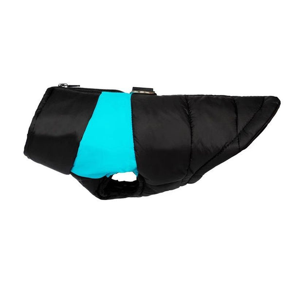 Vue latérale d’un Manteau Imperméable pour Chien noir et bleu sans chien