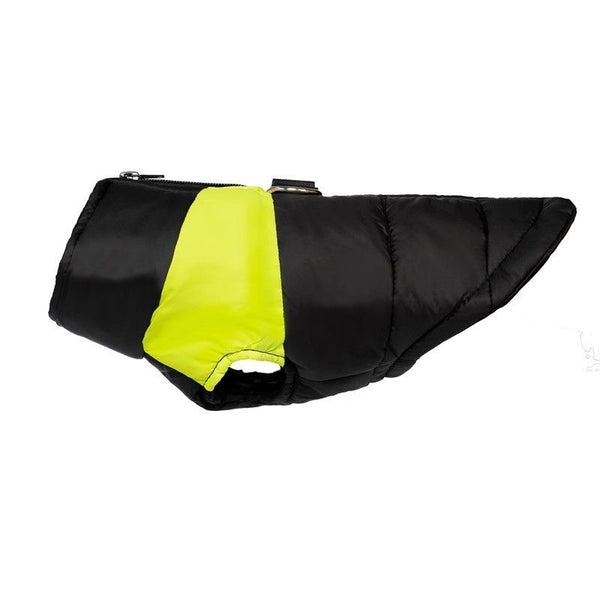 Manteau Imperméable pour Chien noir et jaune fluo exposé à plat
