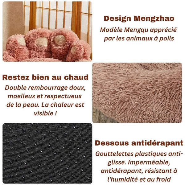 Visuel marketing montrant les avantages du Coussin pour chien en forme de patte