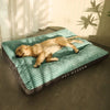 Coussin orthopédique pour chien vert et gris avec un chien en pleine sieste.