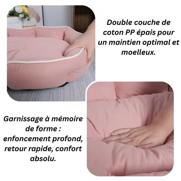 Zoom sur le rembourrage moelleux du canapé lit pour chien rose