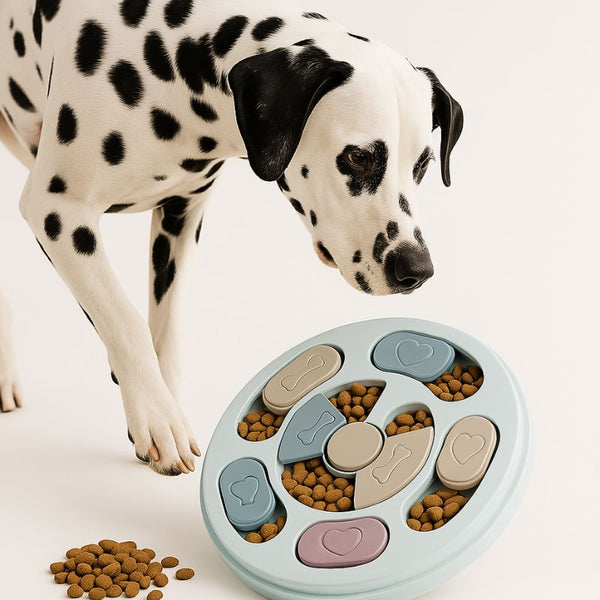 Gamelle anti-glouton pour chien avec Dalmatien curieux