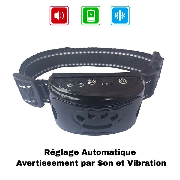 Collier Anti Aboiement noir affichant le mode son et vibration.