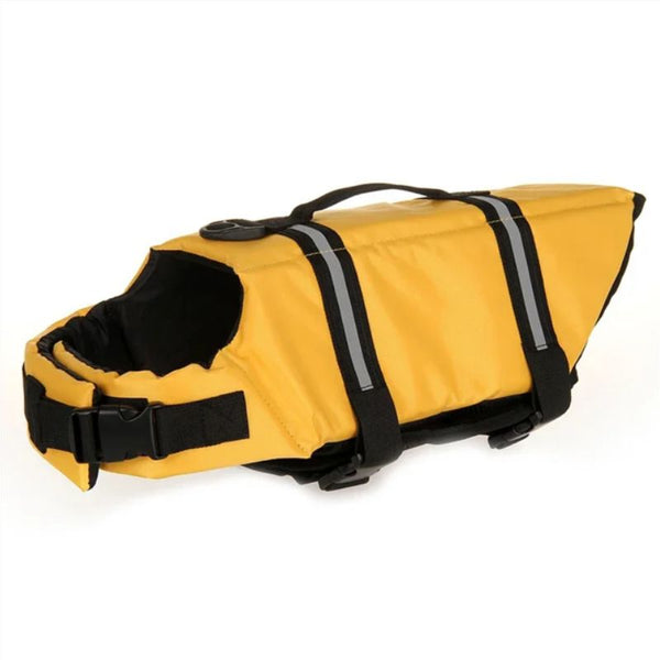 Gilet de sauvetage pour chien jaune avec poignées de sécurité.