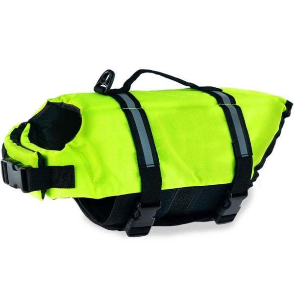 Gilet de sauvetage pour chien vert fluo ultra visible.