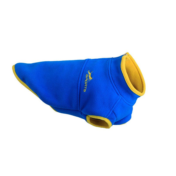Sweat Polaire pour Chien bleu et jaune vu de profil