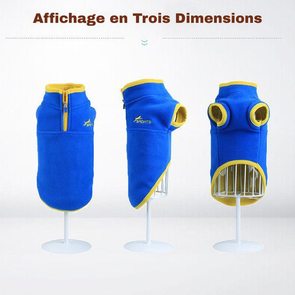 Affichage en Trois Dimensions du Sweat Polaire pour Chien bleu et jaune sur mannequin