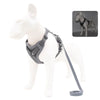 Harnais Anti-Traction petits chiens gris réfléchissant avec laisse sur mannequin blanc.