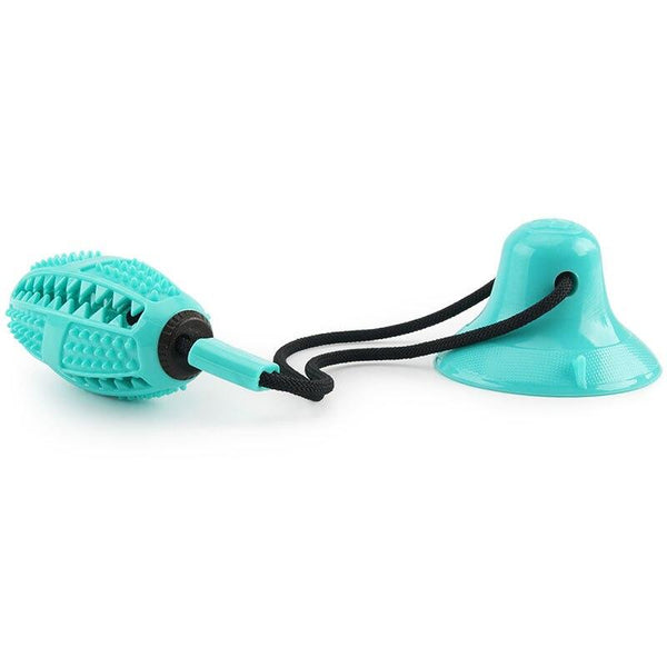Jouet ventouse pour chien avec balle verte ovale, corde noire et ventouse turquoise