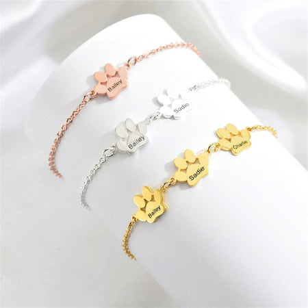 Bracelets Pattes de Chien Personnalisés en trois coloris avec prénoms Bailey, Sadie, Charlie