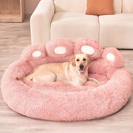 Coussin pour chien en forme de patte rose avec Labrador allongé, dans un salon cosy