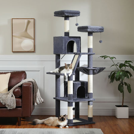 Arbre à Chat XXL gris foncé avec poteaux à griffer et coussins en hauteur - Toutou Love