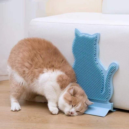 Chat roux profitant d’un moment de massage avec une brosse murale bleue - Toutou Love