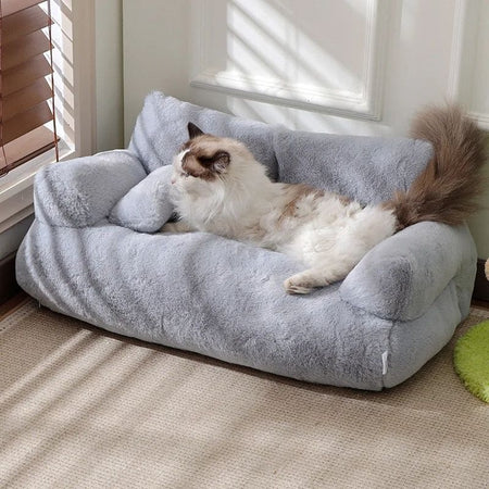 Chat blanc et brun détendu sur un Canapé pour Chat gris dans un coin paisible – Toutou Love