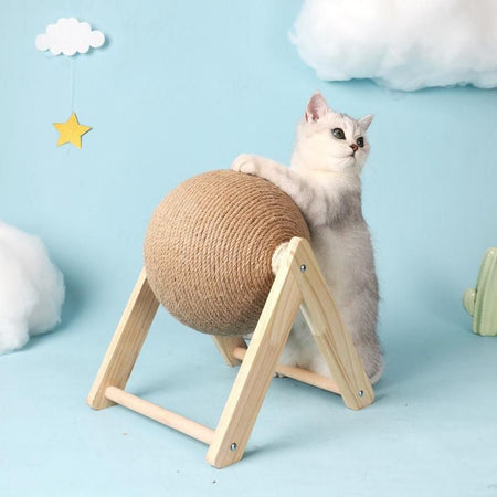 Chat blanc jouant avec un griffoir chat sisal sur fond bleu ciel - Toutou Love