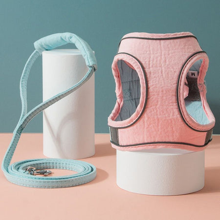 Harnais pour chat rose vu de dos avec laisse assortie - Toutou Love