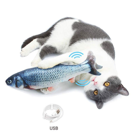 Chat câlinant un jeu poisson pour chat avec effet de vibration visible - Toutou Love