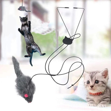 Jouet Souris Pour Chat suspendu avec illustration du mécanisme et chat bondissant - Toutou Love