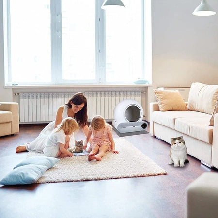 Litière Chat Autonettoyante dans un salon familial, adaptée à la vie avec enfants et animaux - Toutou Love