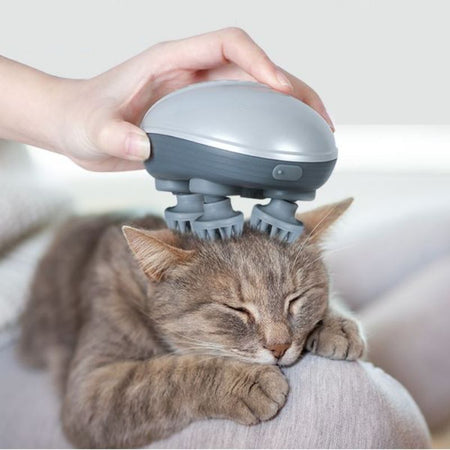Chat allongé recevant un massage relaxant avec un masseur pour chat - Toutou Love