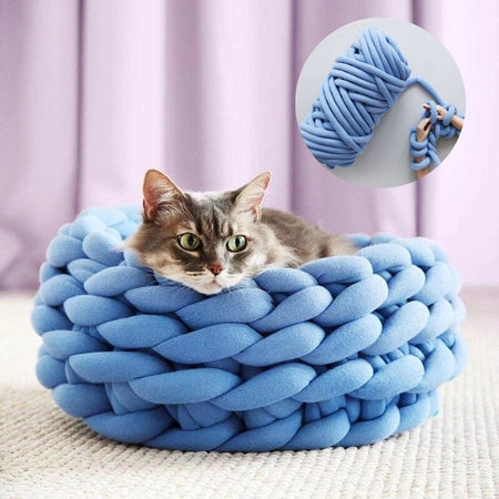 Panier original pour chat bleu tressé à la main avec fil visible - Toutou Love