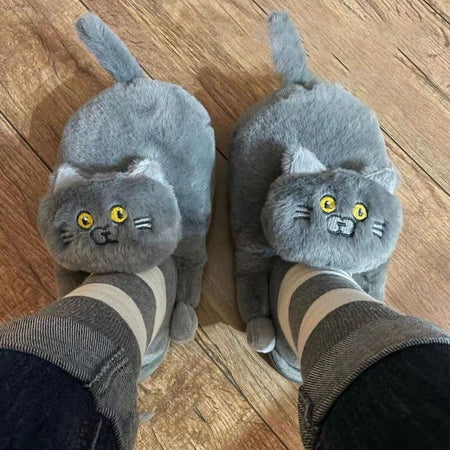 Pantoufles chat grises portées sur des pieds avec chaussettes rayées - Toutou Love