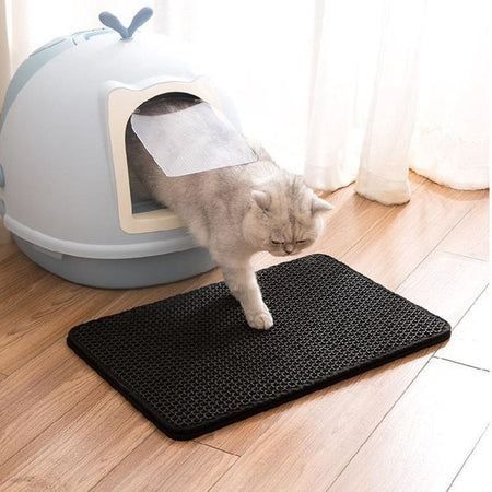 Tapis de Litière pour Chat - Chaton blanc sortant d’une maison de toilette posée sur un MiaouMat - Toutou Love